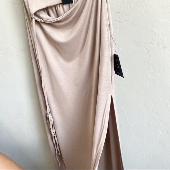 NWT Lulus Hot Take Taupe Asymmetrical Cutout Midi Dress - Picture 8 of 10